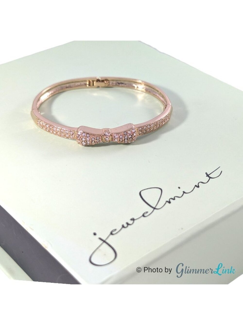 Jewelmint Gold Tone Bow Bracelet Rhinestone Pave Hinged Bangle Signed